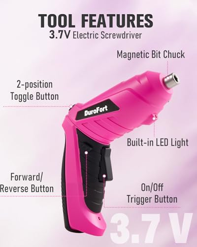 Durofort Pink Cordless Electric Screwdriver Set, 3.7V Rechargeable Small Electric Drill with 25pcs Driver Bit Set, Power 3Nm Screw Gun with 2 Position Handle, Flexible Shaft LED Light for Women
