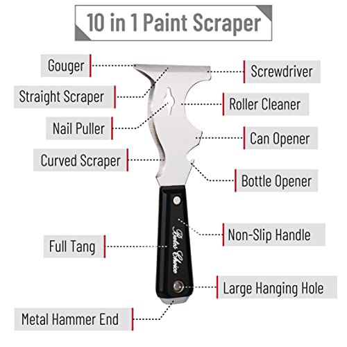 Bates- Paint Scraper, 10 in 1, 2 pcs, Metal Hammer End, Paint Scrapers for Wood, Putty Knife, Metal Scraper, Spackle Knife - color: Black, size: 2 Pack