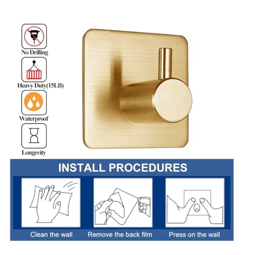 Fotosnow Gold Adhesive Hooks 15LB (Max), Non Tarnish Sticky Hooks for Hanging Towels, Coat, Backpack, Purse, Hat, Key, Self-Adhesive Towel Holder for Shower Closet Bathroom-4 Packs - color: Gold-4 Pack