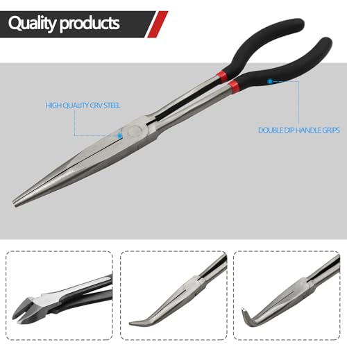 4 Piece 11" Extra Long Needle Nose Pliers Set with Insulated Comfort Grip - size: 4 Pieces - 11" - Straight/45°/90°/Diagonal