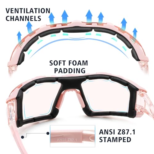 UKNOW Safety Glasses - Anti Fog Wraparound Lenses - Removable Foam Gasket - ANSI Z87.1 Protective Eyewear - Impact Resistant - color: Melon Pink With Light Tint