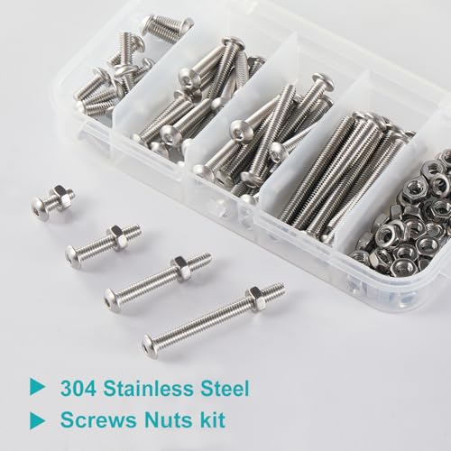 M4 x 10mm 20mm 30mm 40mm Button Head Socket Cap Screws Bolts and Nuts, Stainless Steel 304, Bright Finish, Metric Allen Hex Drive, Fully Thread, Assortment Kit 120PCS - size: Button M4x10-40mm+Nuts