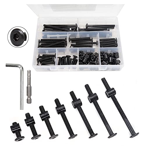 M6 Crib Screws Hardware Kit, Black Flat Furniture Connector Bolt with Barrel Nuts for Bed Frames,20mm - 80mm(5 Sizes), Pack of 100