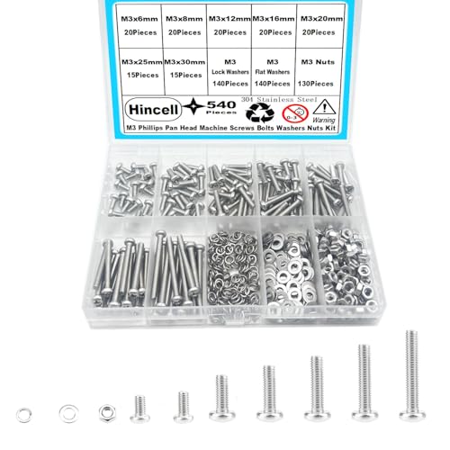 540pcs M3 Phillips Pan Head Machine Screws, Metric Screws Bolts Washers Nuts Kit, 304 Stainless Steel (M3 x 6mm / 8mm / 12mm / 16mm / 20mm / 25mm / 30mm) - size: M3, style: Phillips Pan Head