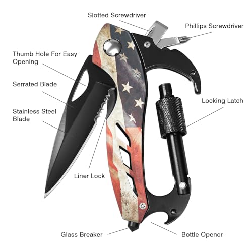 FUNBRO Multitool Carabiner Knife Tools for Men, Bottle Opener - color: Usa Flag