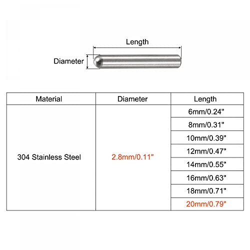 uxcell 2.8x20mm Dowel Pins, 50pcs 304 Stainless Steel Round Head Flat Chamfered End Dowel Pin Bunk Bed Pins Shelf Pegs Support Shelves Fasten Elements - size: 2.8x20mm