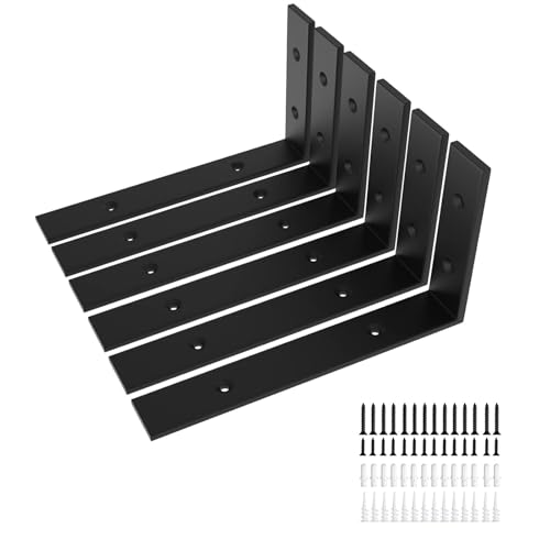 6-Pack Heavy Duty 6-Inch Black Shelf Brackets, L Shelf Bracket 6Inch for Floating Shelves, 1/5-Inch Thick - color: Black 6Pack, size: 6 Inch