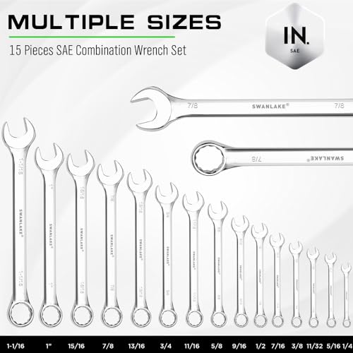SWANLAKE 15-Piece SAE Wrench Set, V Notch Premium Combination Wrenchs Set, SAE 1/4" to 1-1/16", Max Torque, 12-Point, Chrome Vanadium Steel, with Storage Rack - style: 15pcs SAE Combination