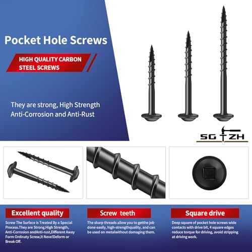Pocket Hole Screws #8 x 1-1/2" (316Pcs) 2lb. Carbon Steel, Black, Washer Head, Coarse Thread, Square Drive,150MM Drive Bit Included - color: Black, size: #8 x 1-1/2"