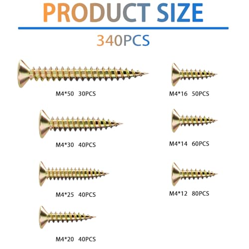 M4 Wood Screws Assortment Kit 340 PCS, Phillips Flat Head, Yellow Zinc Plated Steel, Sheet Metal Screws, Self Tapping, Full Threaded, 7 Sizes in Total (12mm/14mm/16mm/20mm/25mm/30mm/50mm)