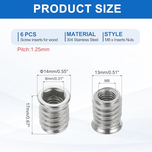 MECCANIXITY 6Pcs Threaded Inserts Nuts, M8x17mm Hex Socket Drive Nut Inserts for Wood - 304 Stainless Steel Screws Furniture Screw in Nuts Bolt Fastener Connector Wood - size: M8x17mm