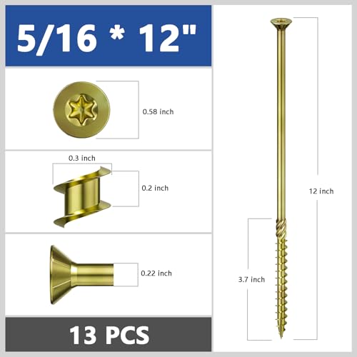 Wensilon 5/16 * 12" Yellow Zinc Deck Screws, (13pcs) 2 lbs.Exterior Wood Screws, Bronze, Star Bit - color: Yellow, size: 5/16*12"