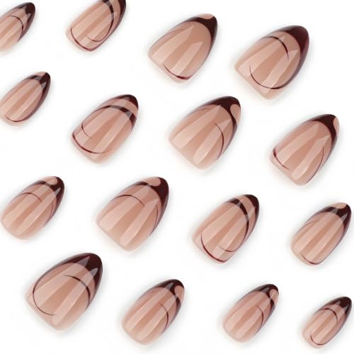 Nude Almond Press on Nails Medium Short, French Fake Nails with Unique Elegant Shaped Burgundy French Tip Design, Glossy Finish Acrylic Nails, Natural Reusable Glue on Nails - color: 29-French Allure
