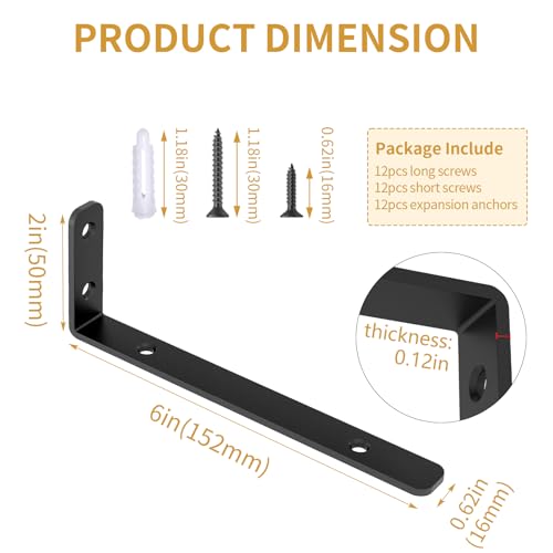 LSK 6PCS L Bracket, L 6"×H 2" Shelf Support Bracket, Max Load :42lb, Black - color: Black, size: 6x2 inch (light duty)