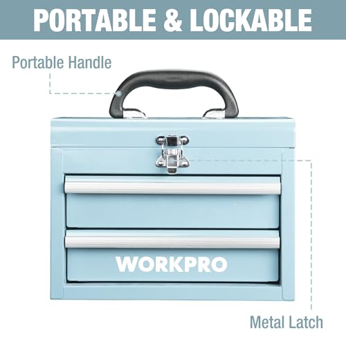 WORKPRO Portable Mini Metal Tool Box with 2 Drawers - color: Macaron Blue