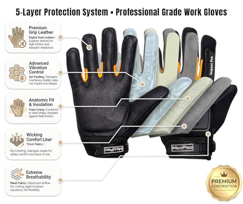 XPRO 16TAV Anti Vibration Impact Resistant Work Gloves, Full Finger, EVA Gel Padding, TPR Protector, Double Stitched, Men - size: XX-Large
