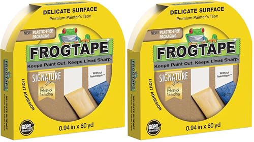 FrogTape Delicate Surface Painters Tape with PAINTBLOCK, 1.5 in Wide (0.94 in x 60 yd), Low Adhesion, Painting Tape Ideal for Freshly Painted Walls, Trim & Surfaces, Yellow, 1 Roll (280220) - size: 1 Roll, 0.94" Width (Pack of 2)