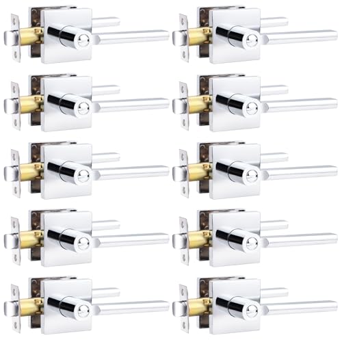Probrico Interior Door Handles with Lock, Polished Chrome Privacy Levers for Bedroom Bathroom, Heavy Duty Square Reversible Lockset, 10 Pack - color: Polished Chrome