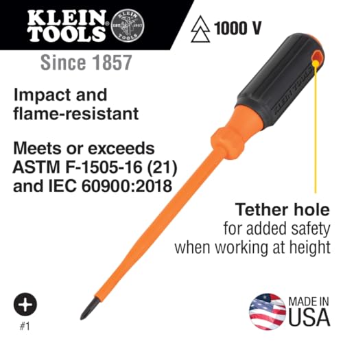 Klein Tools 85077INSR Insulated Screwdriver Set with Magnetizer, Made in USA, 1000V Electrical Screwdrivers, Phillips, Slotted, Square, 7-Piece - size: 7-Piece Set