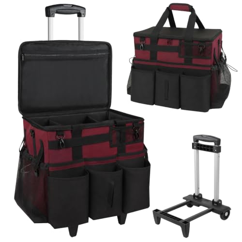 SCAVATA Rolling Cleaning Caddy Bag with Detachable Trolley, Large Cleaning Supplies Organizer with Wheels, Multi-Pocket Cleaning Cart with Adjustable Shoulder Strap for Housekeepers (Magenta) - color: Magenta