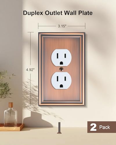 2-Pack Zinc Alloy Single Duplex Outlet Cover Plate, Solid Receptacle Cover - color: Antique Copper, size: 1 Duplex 2PK