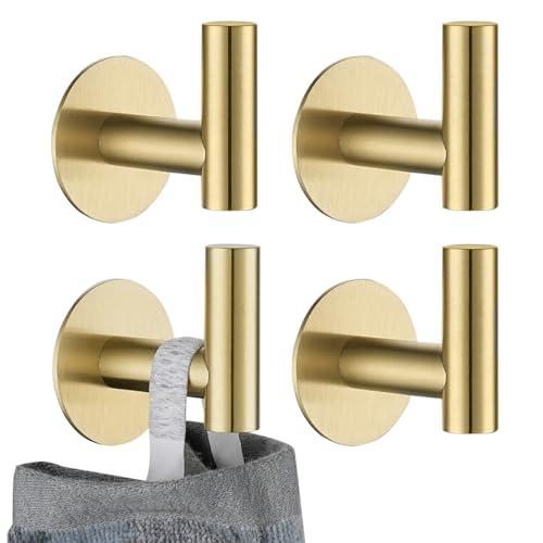 JQK Self Adhesive Towel Hook Gold, No Drill Stick on Coat Robe Clothes Wall Hook for Bathroom Kitchen Garage 4 Pack, 304 Stainless Steel Brushed Gold, ATH110-BG-P4 - color: Brushed Gold, size: 4 Pack
