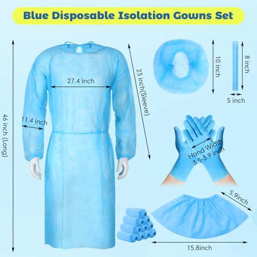 Xuhal Disposable Isolation Gown Set with Caps Gloves Shoe Covers, Blue