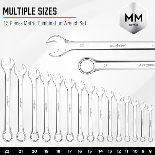 HORUSDY 15-Piece Metric Wrench Sets, Premium Combination Wrench Set Metric 8-22mm, Max Torque, 12-Point, Chrome Vanadium Steel, with Storage Rack - style: 15-Piece Metric Wrench Set