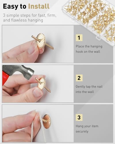 Uniclife 100 Pcs Picture Hangers, Picture Hanging Kit, 4 Size Picture Hanging Hooks, Picture Hanging Nails, Long Picture Hooks for Photo Frame Art Mirror and Décor, Gold - size: 100 Pcs, style: Gold