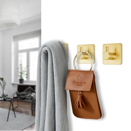 Fotosnow Gold Adhesive Hooks 15LB (Max), Non Tarnish Sticky Hooks for Hanging Towels, Coat, Backpack, Purse, Hat, Key, Self-Adhesive Towel Holder for Shower Closet Bathroom-4 Packs - color: Gold-4 Pack