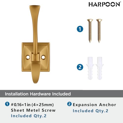 HARPOON 5 Pack Prong Hook, Heavy Duty Two Flared 4.3 inch Coat Hooks, Wall Mounted with 4 Screws, Utility Hooks - Brushed Gold - color: Brushed Gold