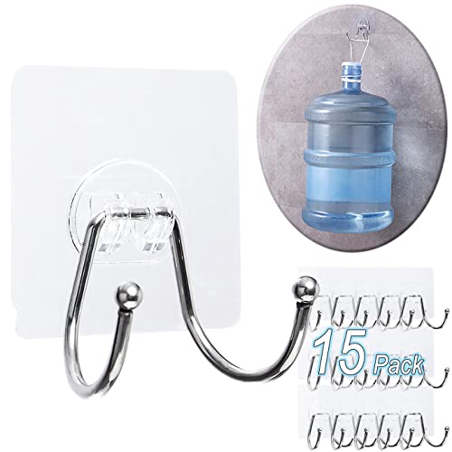 15 Pack Large Double Adhesive Wall Hooks, Damage-Free Waterproof 33 Ib Max Heavy Duty Hanging Clear Seamless Sticky Utility Hooks, Towel Coats Hats Clothes Nail Free Hangers (Twin Round Head) - color: 02 Double Large Hook