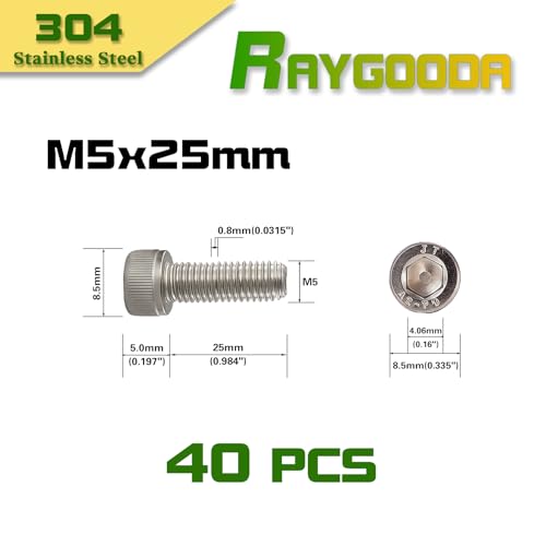 M5x0.8 x 25mm Socket Head Cap Screws Metric, 304 Stainless Steel (A2-70), Allen Socket Drive, Bright Finish, Full Thread, Rust & Corrosion Resistant, for Automotive, Machinery & DIY, 40 PCS - size: M5x25mm (40 PCS)