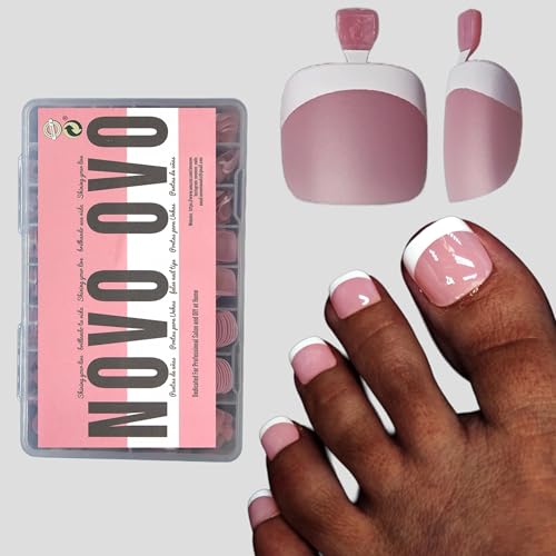 NOVO OVO Fake Toe Nail Tips Press on, French Tip Soft Gel Toenail Extension, BERRY PINK Square Round Pre-applied Tip Primer & Base Coat, Full Cover Matte False Nails for DIY x 15 Sizes 360Pcs - color: Square Round French Tip Berry Pink
