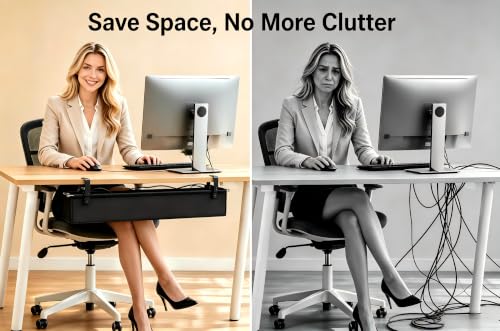 Under Desk Cable Management Tray 36", No Drill Clamp-On Design, Premium Oxford Fabric Cord Organizer Hides Power Strip & Messy Wires, Ideal for Home Office & Gaming Desk