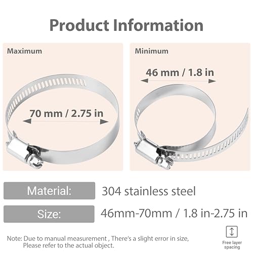 2-3/4 Inches Hose clamps, 304 Stainless Steel Worm Gear Hose Clamps,10 Pcs Fuel Line Pipe Clamps - size: 1.8 in - Φ46~70 mm