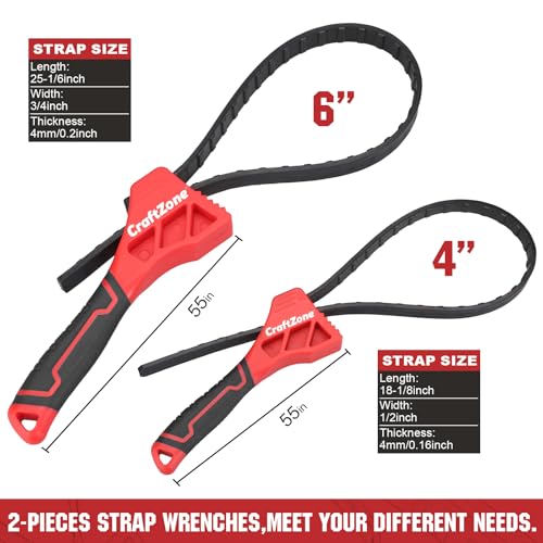 2-piece Rubber Strap Wrench Set, Adjustable Oil Filter Wrench with Anti-Slip Strap (2-piece), 4" & 6" Spanner Wrench for Plumbing, Faucet, Pipe, and Spark Plug