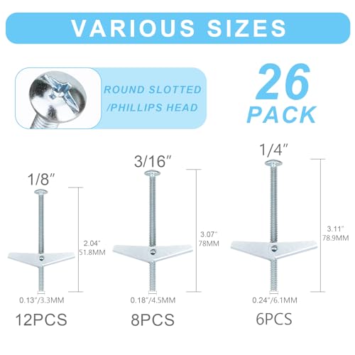 26 Sets 3 Size Toggle Bolts Heavy Duty Metal Drywall Anchors Kit - size: 3 Size Kit-52pcs(26sets)