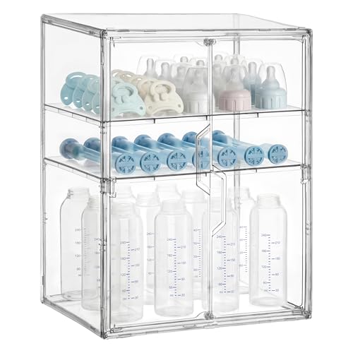HBlife Baby Bottle Storage Organizer for Countertop Cabinet, 3 Tiers Adjustable Clear Acrylic Bottles Storage Station Case Box Container with 2 Removable Dividers and Magnetic Double Door, X-Large - size: X-Large, style: 3-Tier Double Door