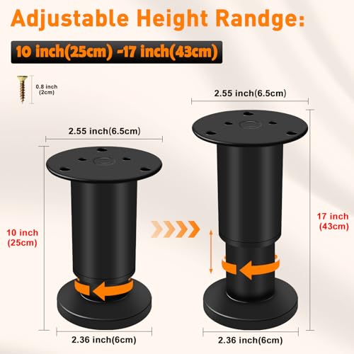 4 Pcs Adjustable Height Furniture Support Legs 10-17 inch [with Screws], Metal Adjustable Bed/Sofa/Cabinet/Couch/Dresser/Table Heavy Bed Replacement Legs (Black) - color: Black, size: 10-17 inch