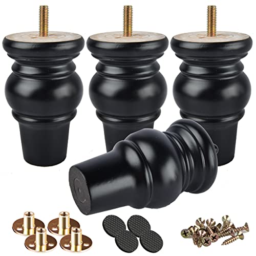 4 inch Solid Wood Bun Furniture Legs, 4Pcs with M8 Bolts, Black - color: Black
