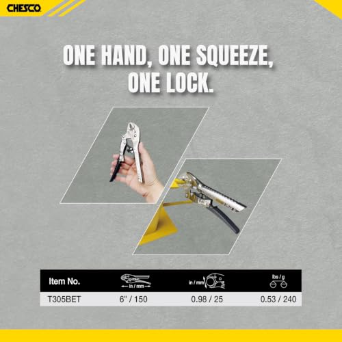 CHESCO 6" Curved Jaw 4th Gen Self-Adjusting Locking Pliers, One-Hand Auto-Lock Design, Heavy-Duty Cr-V Steel Professional Hand Tool for Automotive, Plumbing & DIY - size: 6 Inch
