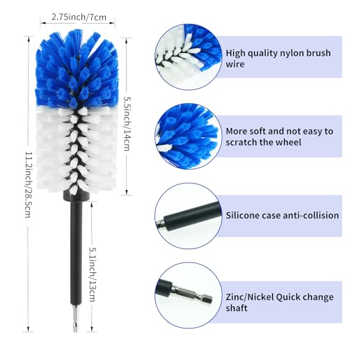 Wheel Brush, Soft Drill Wheel Cleaner Brush, Drill Brush for Car Wheel, No Scratches Highly Dense and Durable Car Wheel Brush Rim Tire Car Cleaning Brush for Wheels, Rims, Engines, Exhaust - color: Blue+white