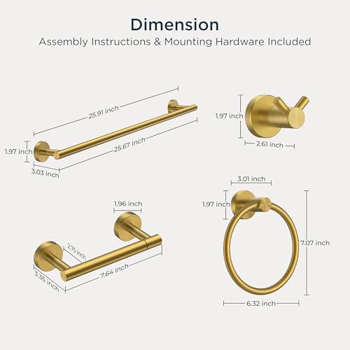 FORIOUS Bathroom Accessories, 4-Piece Bathroom Hardware Set - 24" Towel Bar - color: Brushed Gold