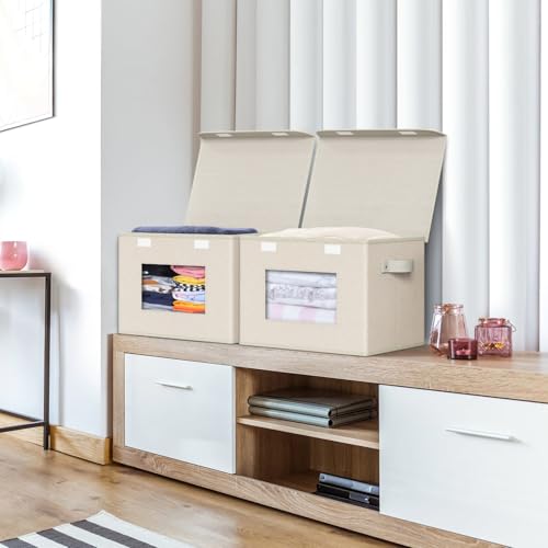 Univivi Collapsible Stackable Storage Bins with Lids, 4 Pack, Beige - color: Beige