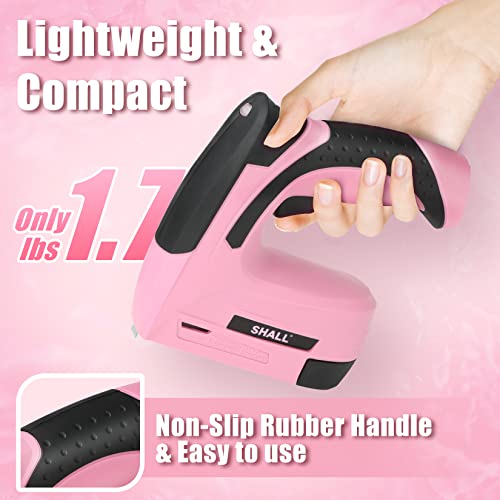 SHALL Pink Electric Staple Gun, 2 in 1 Cordless Upholstery Stapler Nail Gun for Wood, 4V Rechargeable Brad Nailer Kit w/ 2500 Staples Nails, Staple Remover & Fast Charger for Crafts, DIY, Decoration