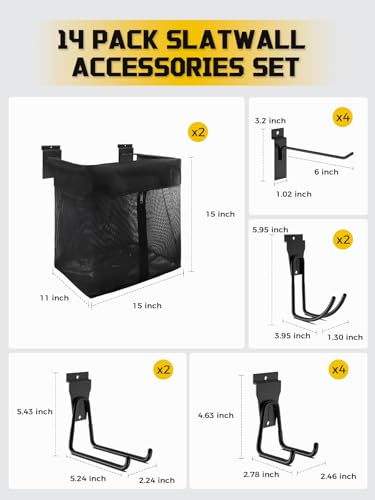 AZUNO 14 PCS Slatwall Accessories Kit - 2 Pack Large Mesh Slatwall Baskets with Front Zipper & 12 Pack Heavy Duty Slat Wall Hooks, Garage Storage & Organizer for Sports Gear, Toys, Tools - size: 2 Mesh Baskets+12 Hooks