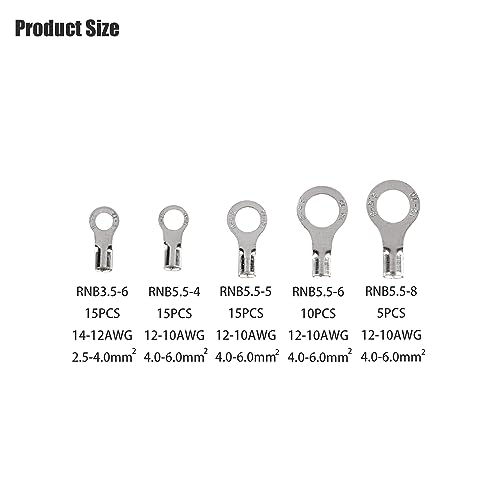 250 Uninsulated Ring Terminals, Brass Ring Connectors, AWG 22-16, 16-14, 14-12, 12-10 Crimp-On Wire Connectors, Tin-Plated Wire Terminals, Batteries