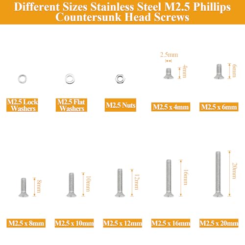 565 Pieces M2.5 Machine Screws Nuts Washers Set, Sutemribor M2.5 x 4/6/8/10/12/16/20mm Phillips Countersunk Head Machine Screws Nuts Washers Assortment Kit, 304 Stainless Steel, Fully Threaded - size: M2.5, style: Phillips Countersunk Head