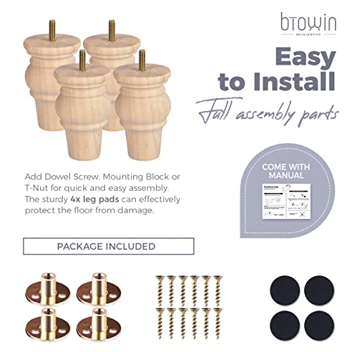4" Solid Wood Bun Furniture Legs, 4Pcs with 5/16" Bolts, Unfinished - color: Unfinished